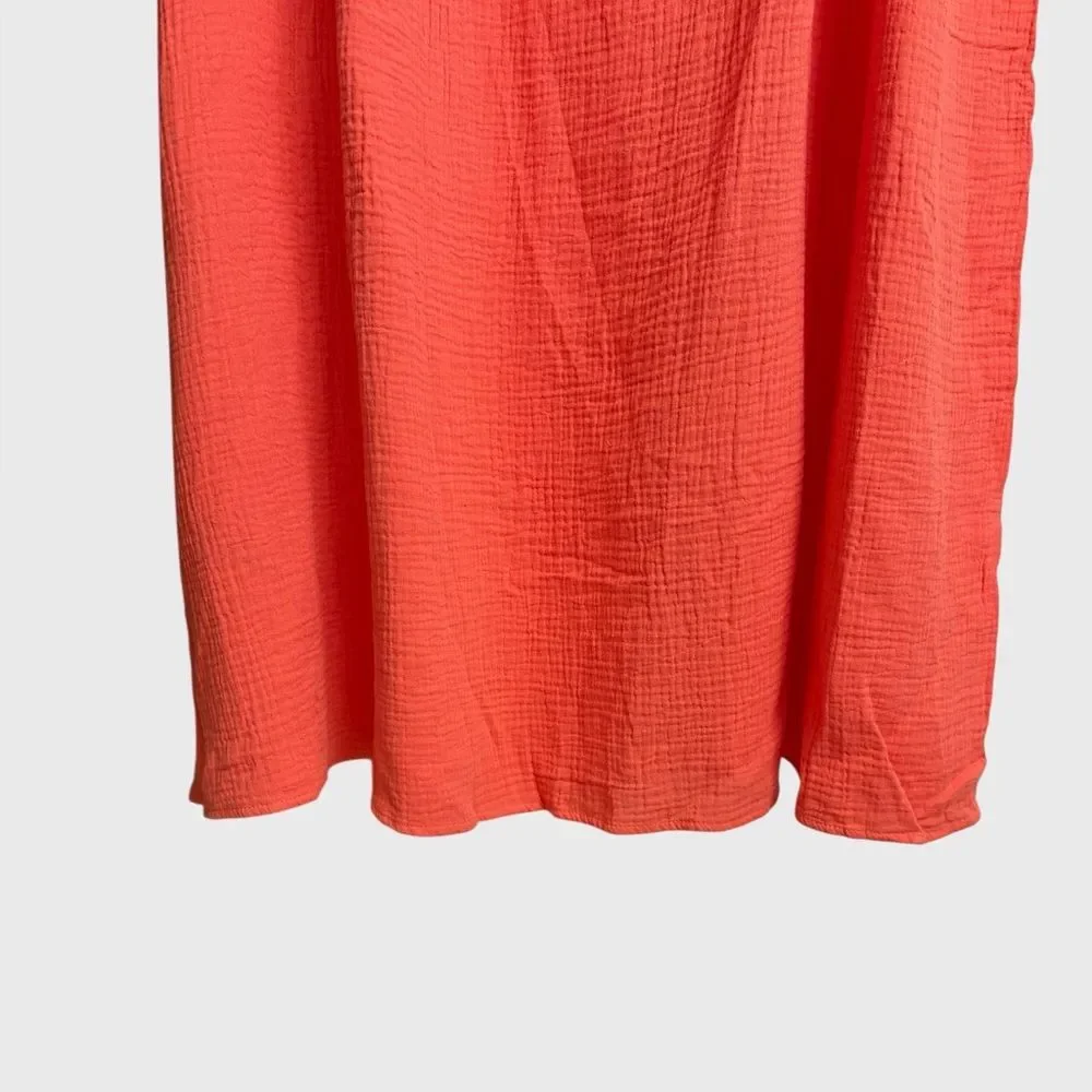 Women's Floral Embroidered Orange Gauze Midi Dress 5XL Crinkle Textured Summer